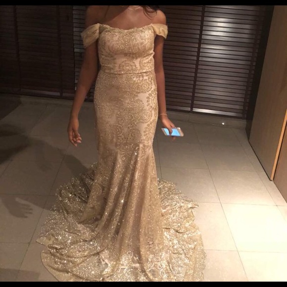 Gold Sparkly Lace Prom Dress - Picture 1 of 5